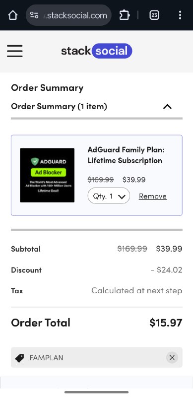 AdGuard 家庭版平史低 & VPN 捆绑包史低● AdGuard 家庭版(九设备), 使用折扣码 FAMPLAN 后 US$15.97, 平史低: StackSocial (aff)● AdGuard 家庭版(九设备) & AdGuard VPN (十设备) 五年订阅捆绑包, 使用折扣码 REV31后 US$24.13, 史低: StackSocial (aff)捆绑包历史参考: AdGuard 终身家庭版 & AdGuard VPN 五年订阅捆绑包折扣, US$24.48 (2025.12.05)● 注册 StackSocial 并获得 $10 余额: cx.ms/stacksocial#折扣 #AdGuardvia @[email protected]